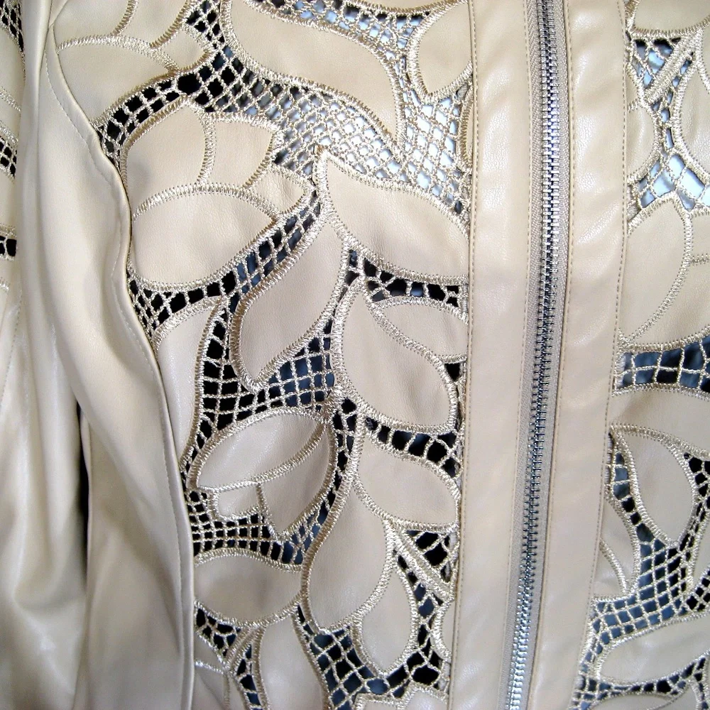 BAGATELLE COLLECTION BEIGE SOFT FAUX LEATHER COMFORT SPRING EMBROIDERY JACKET - Picture 4 of 6